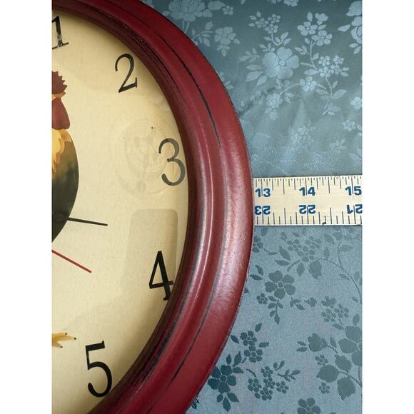 Country Rooster Wall Clock Rustic Farmhouse Kitchen Decor Red Frame 13” - Picture 4 of 4